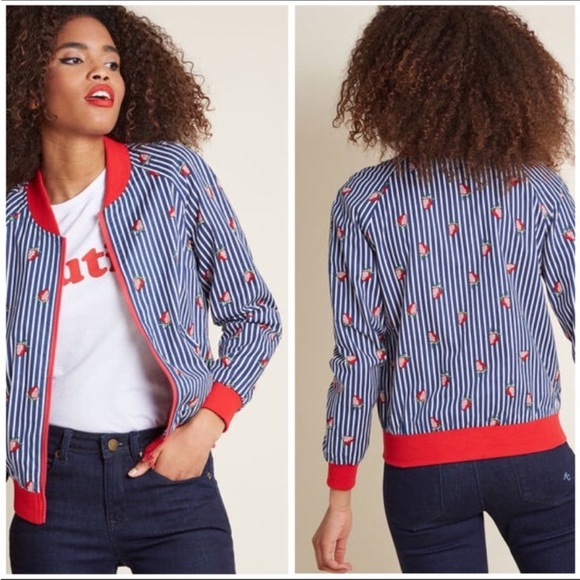 Modcloth Jackets & Blazers - ModCloth Mixer & Shaker Strawberry Stripe Bomber Jacket satin silky lining